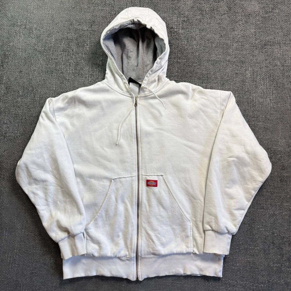 Dickies Zip Up Hoodie Mens Large White Grey Lined Y2K Workwear Logo Patch